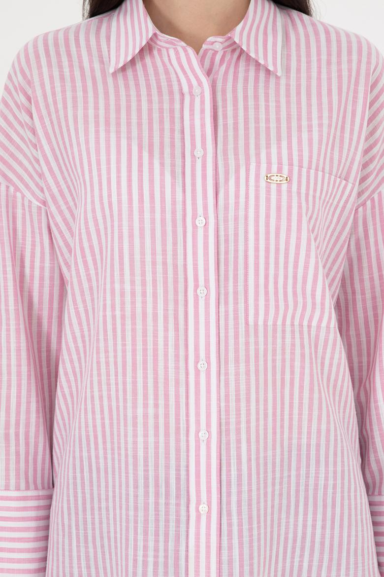 Kadın Pembe Uzun Kollu Çizgili Gömlek - 50297836002