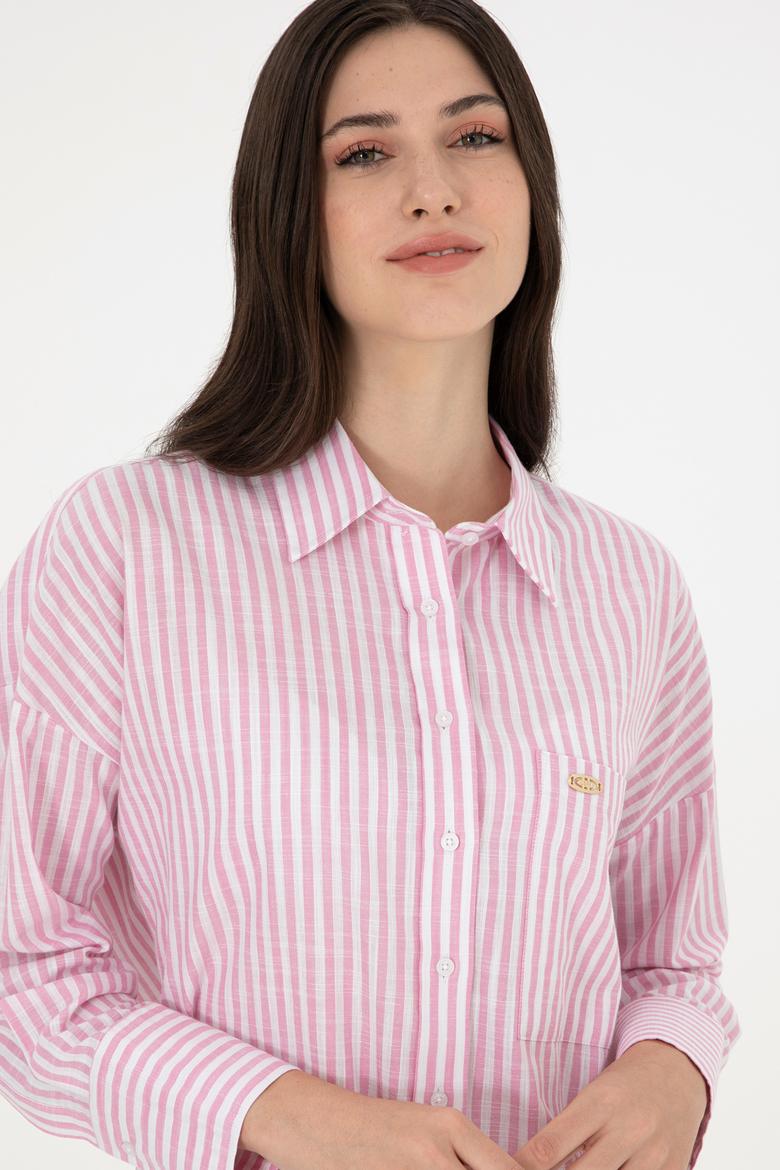 Kadın Pembe Uzun Kollu Çizgili Gömlek - 50297836002