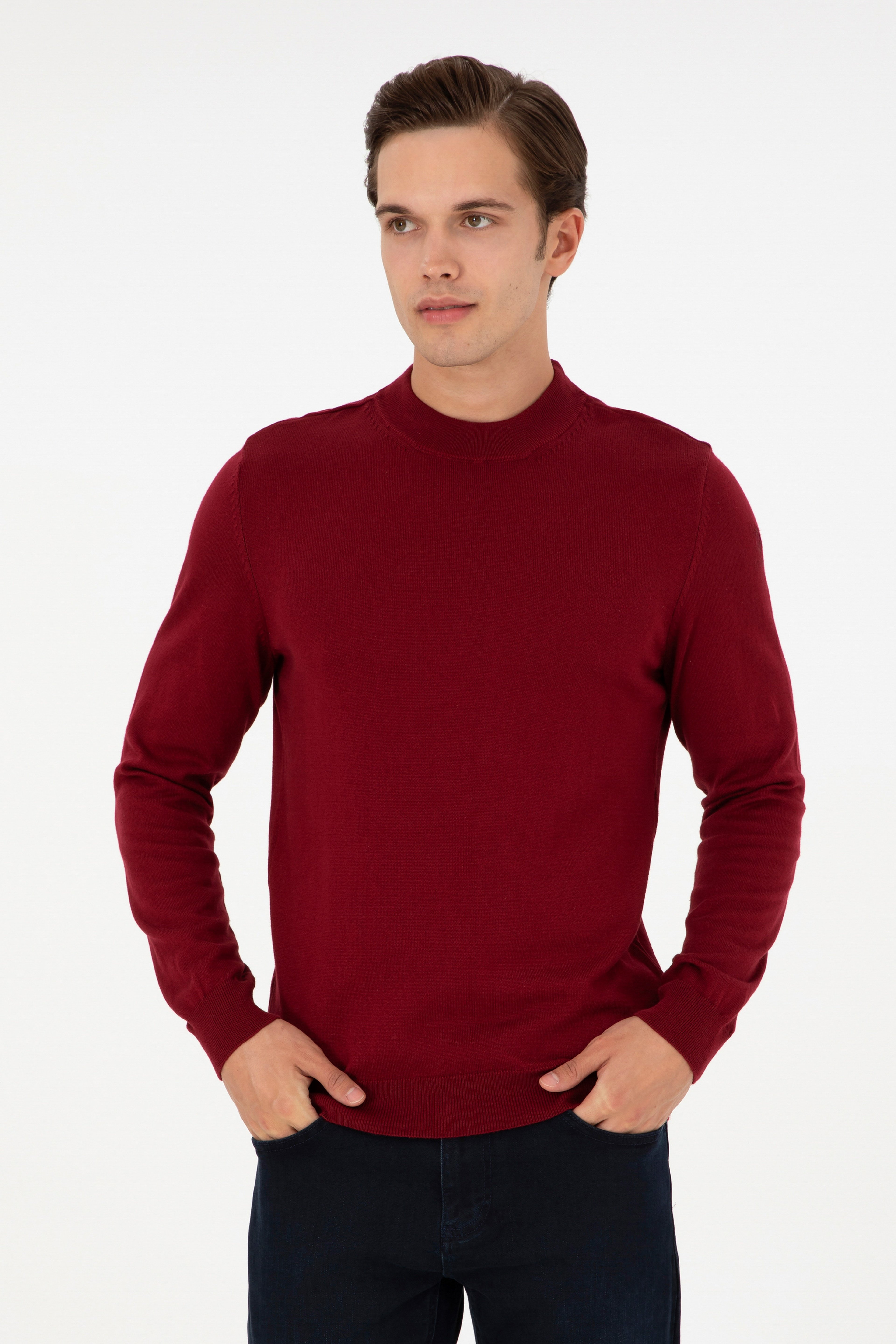 Erkek Slim Fit Çeyrek Balıkçı Yaka Bordo Basic Triko Kazak - Image 1