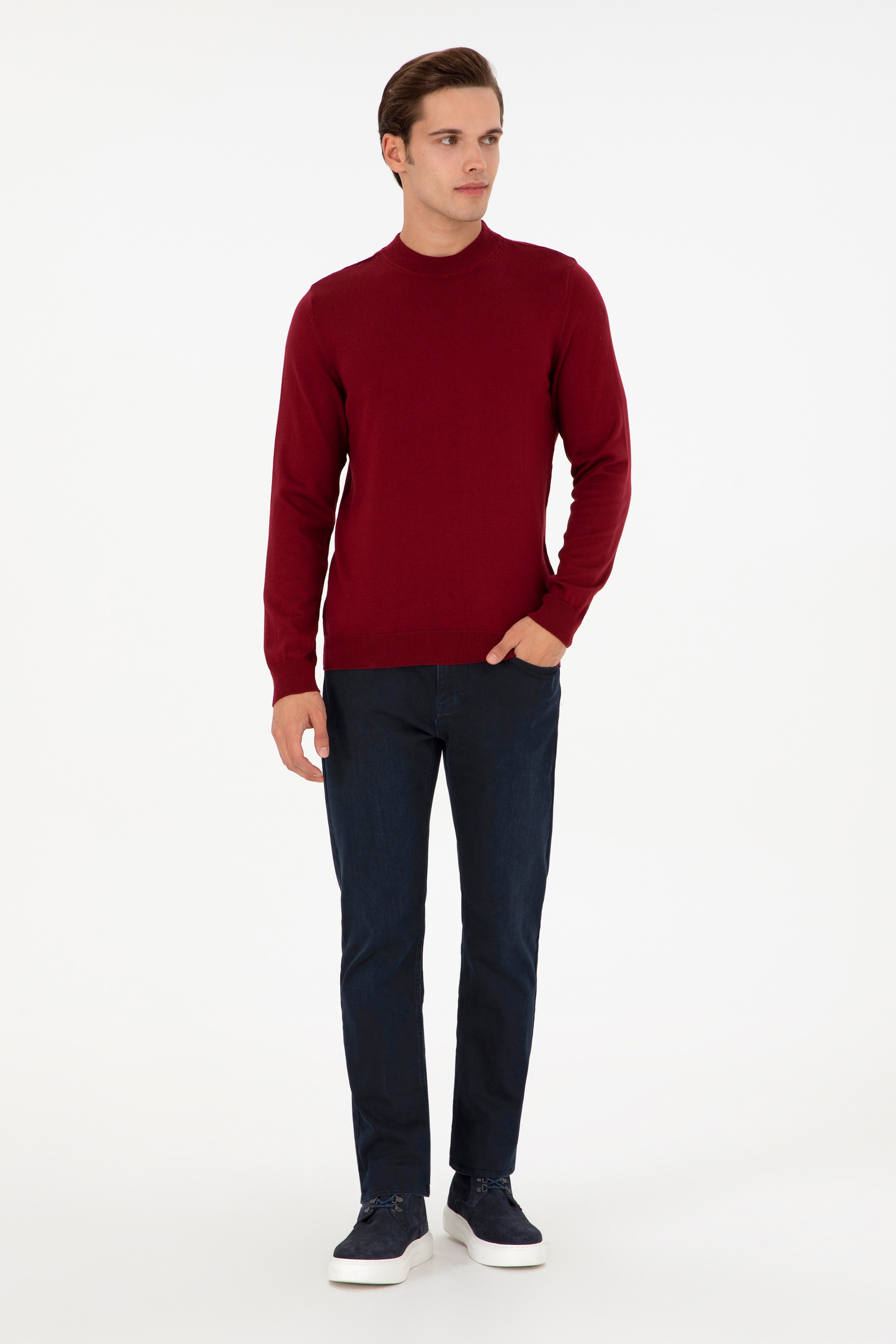 Erkek Slim Fit Çeyrek Balıkçı Yaka Bordo Basic Triko Kazak