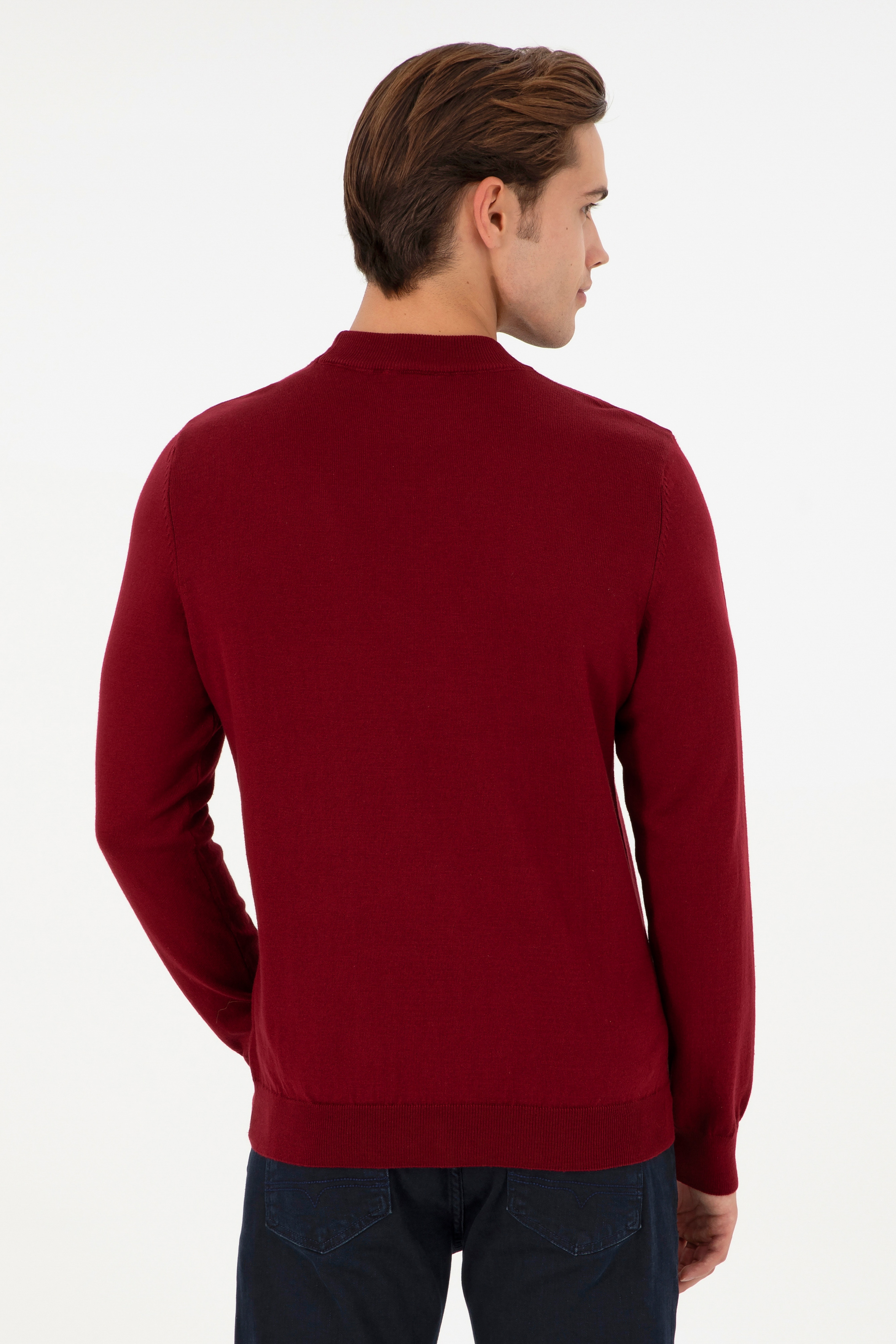 Erkek Slim Fit Çeyrek Balıkçı Yaka Bordo Basic Triko Kazak - Image 5