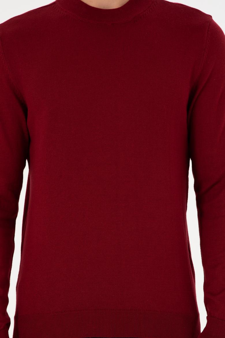 Erkek Slim Fit Çeyrek Balıkçı Yaka Bordo Basic Triko Kazak - 50298201017