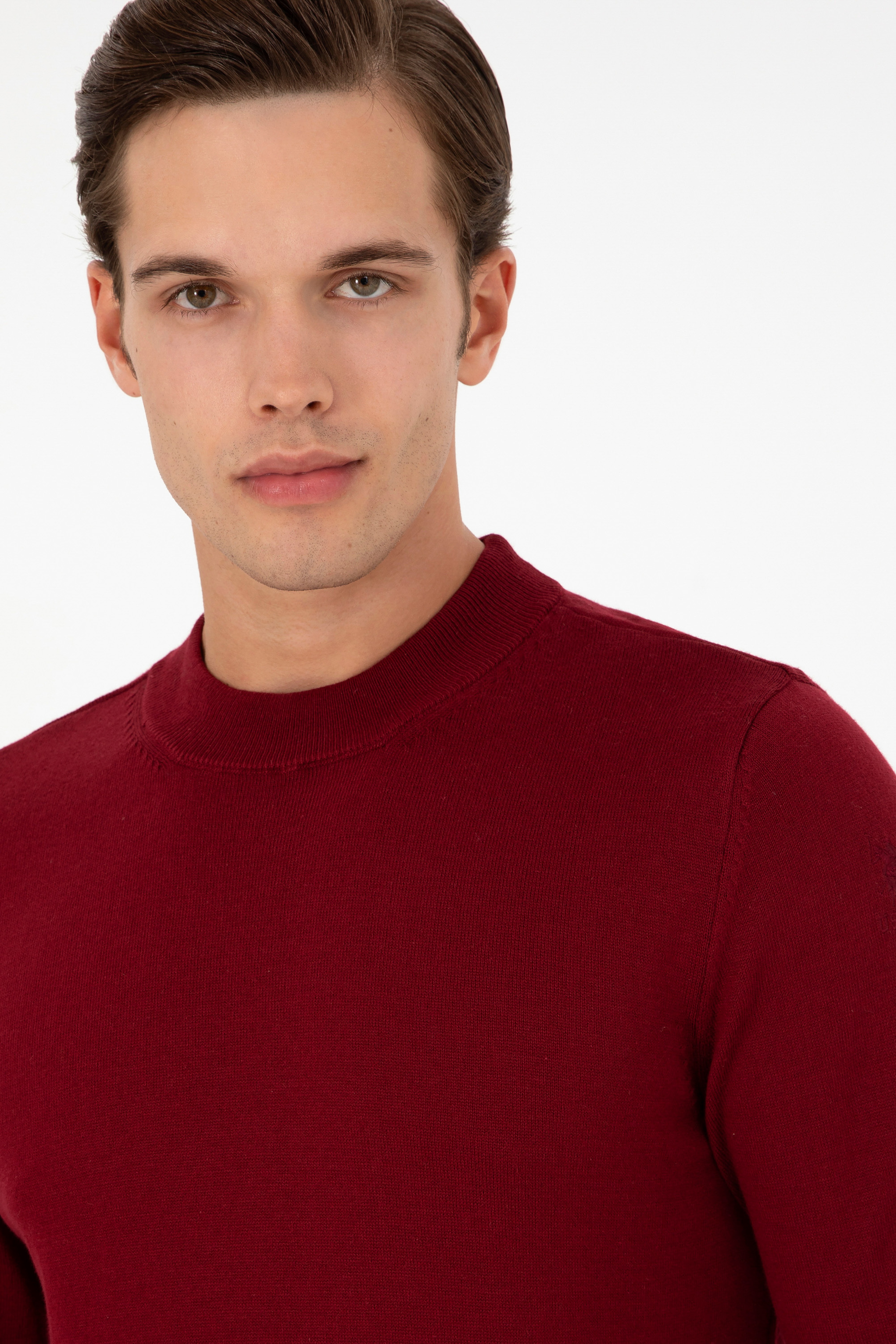 Erkek Slim Fit Çeyrek Balıkçı Yaka Bordo Basic Triko Kazak