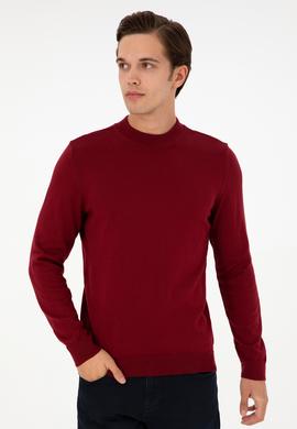 Erkek Slim Fit Çeyrek Balıkçı Yaka Bordo Basic Triko Kazak - 50298201017