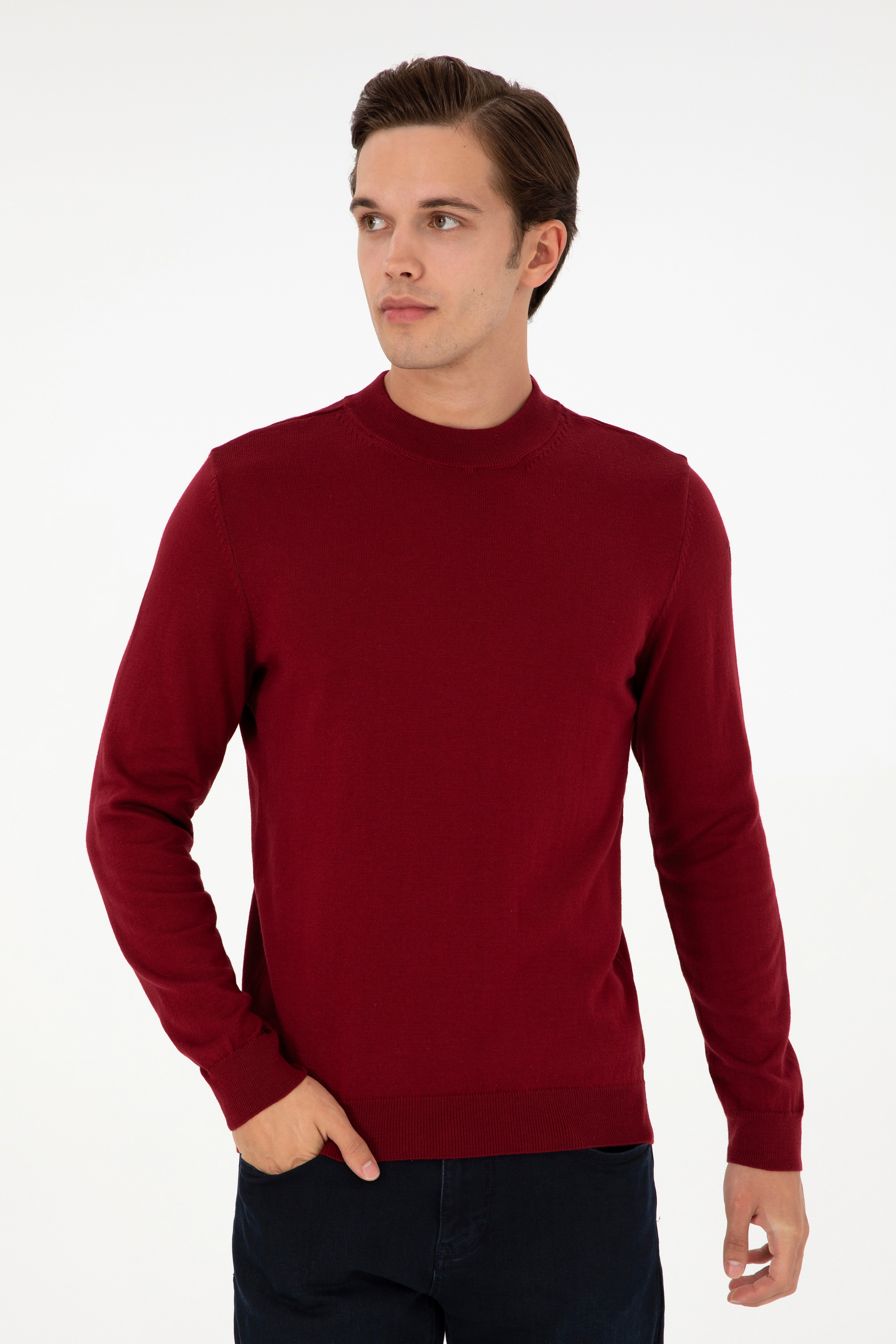 Erkek Slim Fit Çeyrek Balıkçı Yaka Bordo Basic Triko Kazak - Image 3
