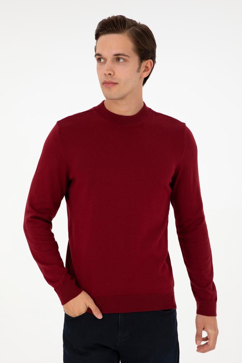 Erkek Slim Fit Çeyrek Balıkçı Yaka Bordo Basic Triko Kazak - 50298201017