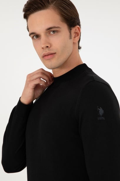 Erkek Slim Fit Çeyrek Balıkçı Yaka Siyah Basic Triko Kazak