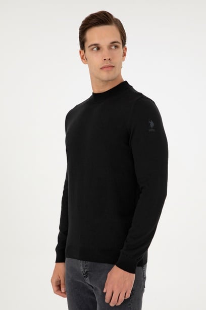 Erkek Slim Fit Çeyrek Balıkçı Yaka Siyah Basic Triko Kazak