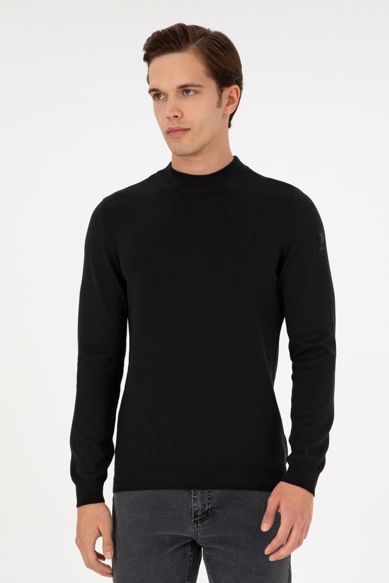 Erkek Slim Fit Çeyrek Balıkçı Yaka Siyah Basic Triko Kazak