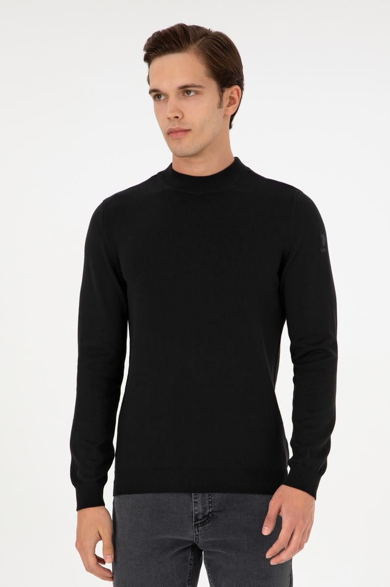 Erkek Slim Fit Çeyrek Balıkçı Yaka Siyah Basic Triko Kazak