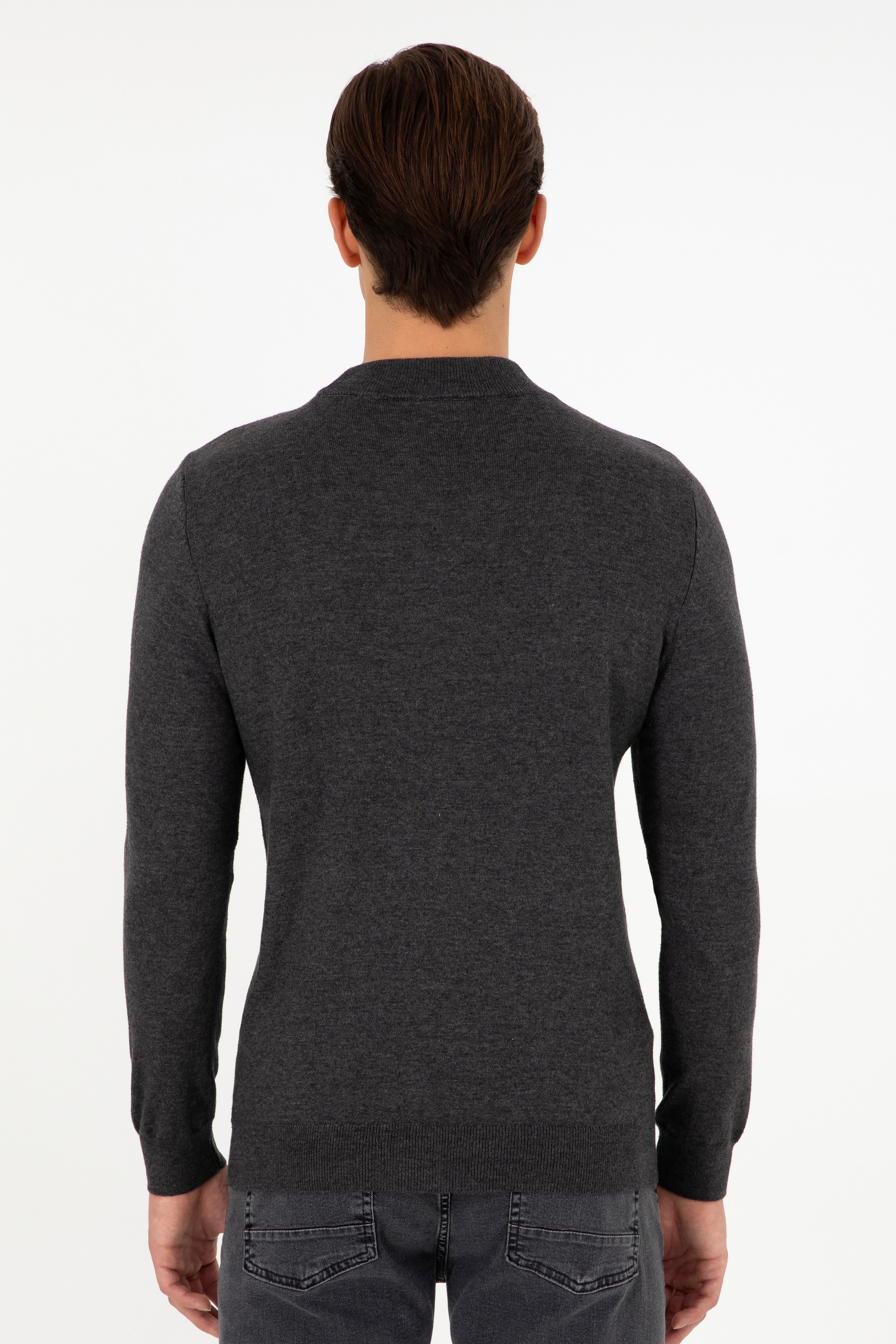Erkek Slim Fit Çeyrek Balıkçı Yaka Antrasit Melanj Basic Triko Kazak - Image 5