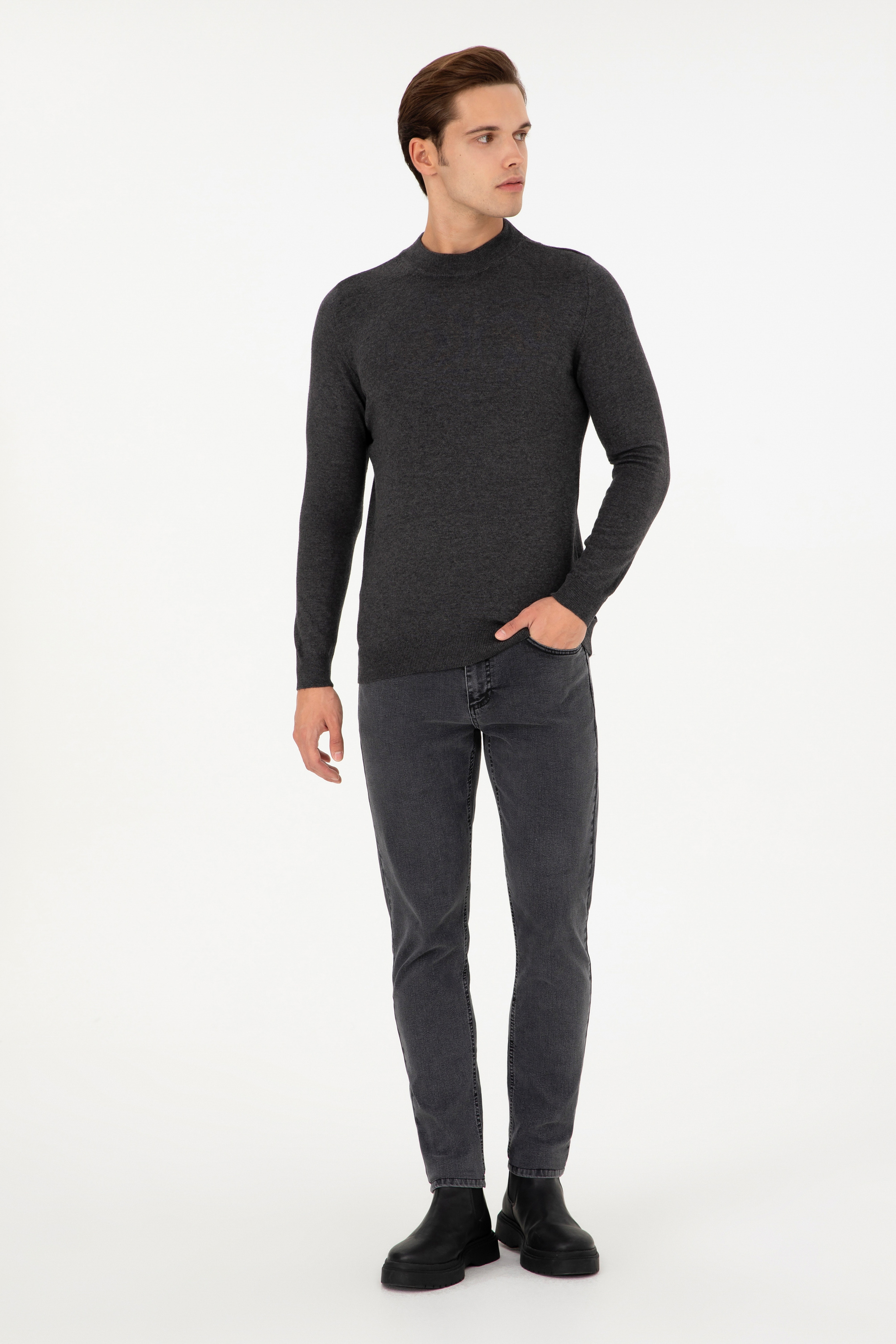 Erkek Slim Fit Çeyrek Balıkçı Yaka Antrasit Melanj Basic Triko Kazak - Image 4