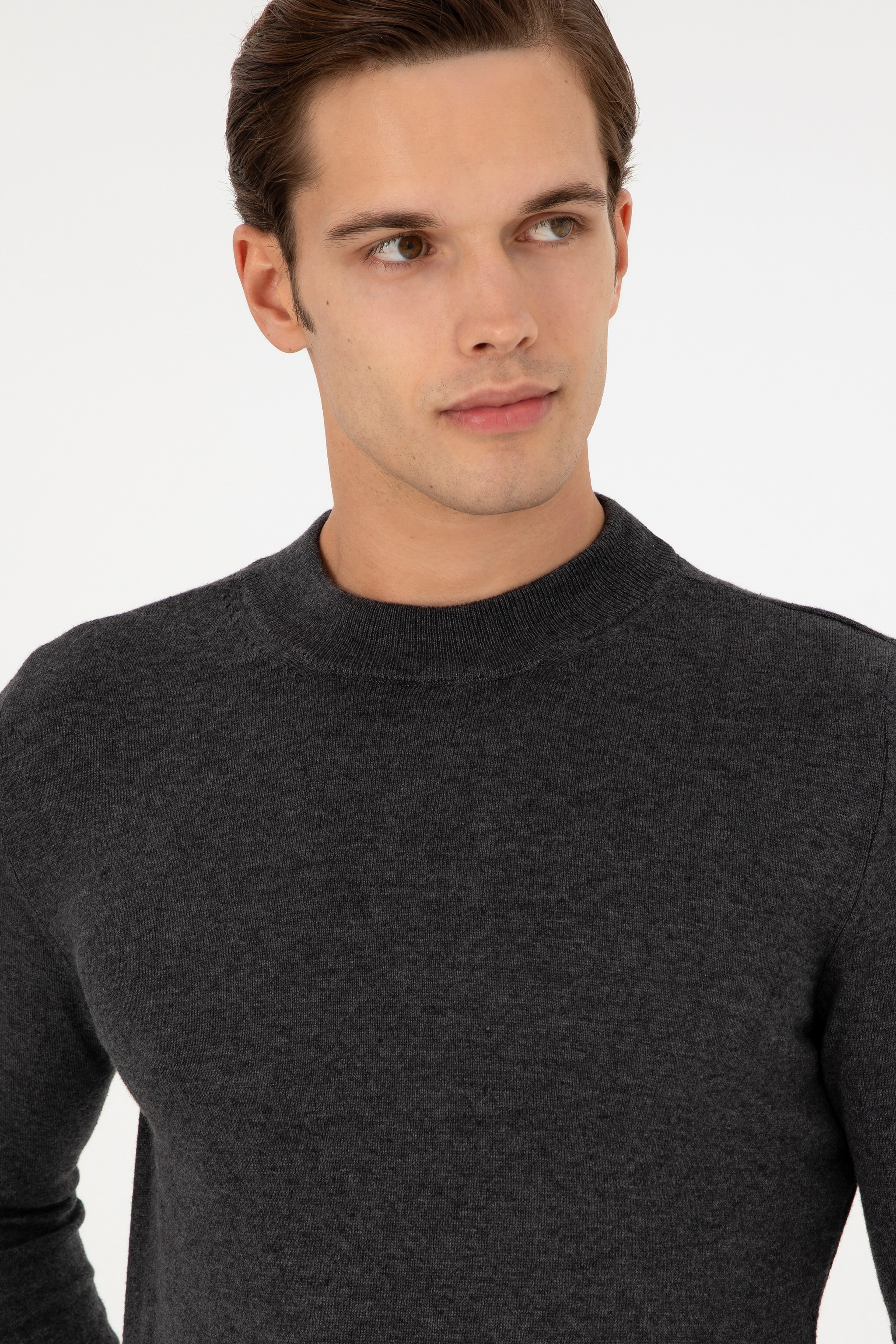 Erkek Slim Fit Çeyrek Balıkçı Yaka Antrasit Melanj Basic Triko Kazak - Image 2