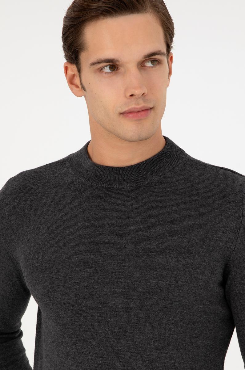 Erkek Slim Fit Çeyrek Balıkçı Yaka Antrasit Melanj Basic Triko Kazak