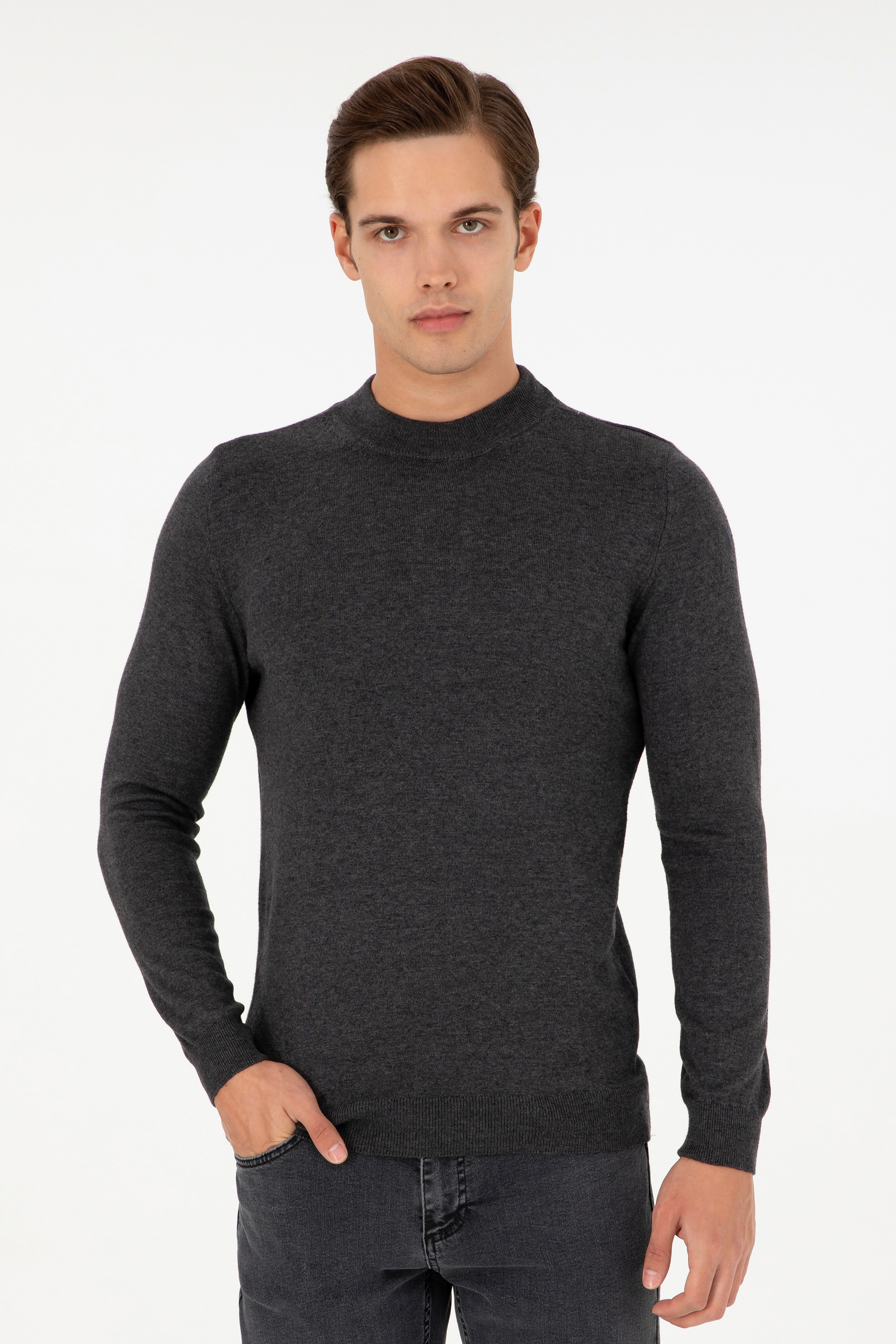 Erkek Slim Fit Çeyrek Balıkçı Yaka Antrasit Melanj Basic Triko Kazak - Image 1