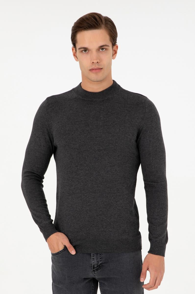 Erkek Slim Fit Çeyrek Balıkçı Yaka Antrasit Melanj Basic Triko Kazak