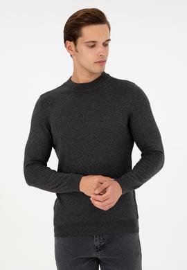 Erkek Slim Fit Çeyrek Balıkçı Yaka Antrasit Melanj Basic Triko Kazak - 50298201047