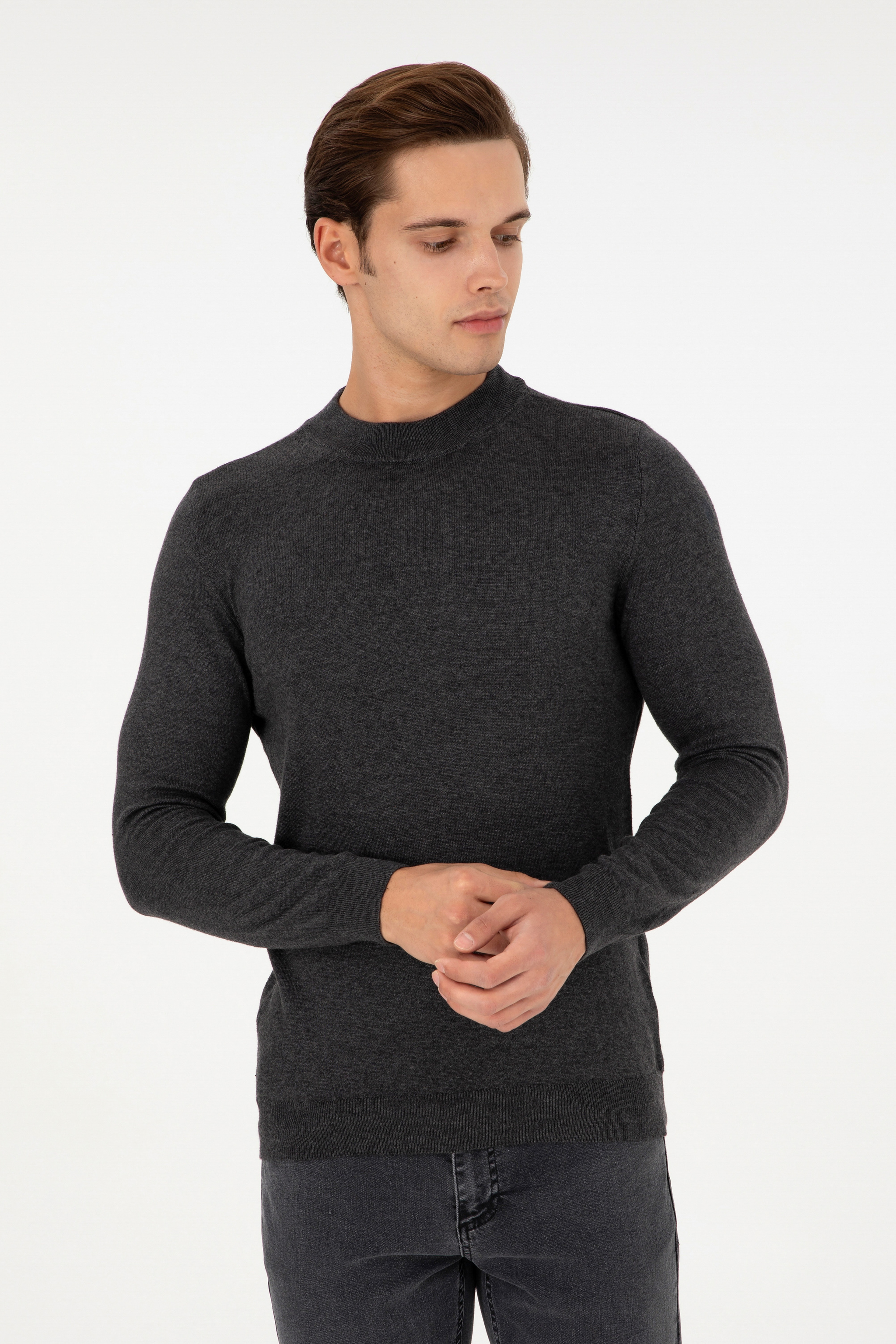 Erkek Slim Fit Çeyrek Balıkçı Yaka Antrasit Melanj Basic Triko Kazak