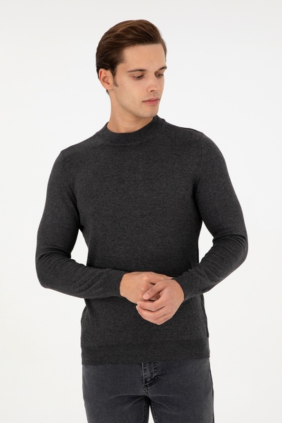 Erkek Slim Fit Çeyrek Balıkçı Yaka Antrasit Melanj Basic Triko Kazak
