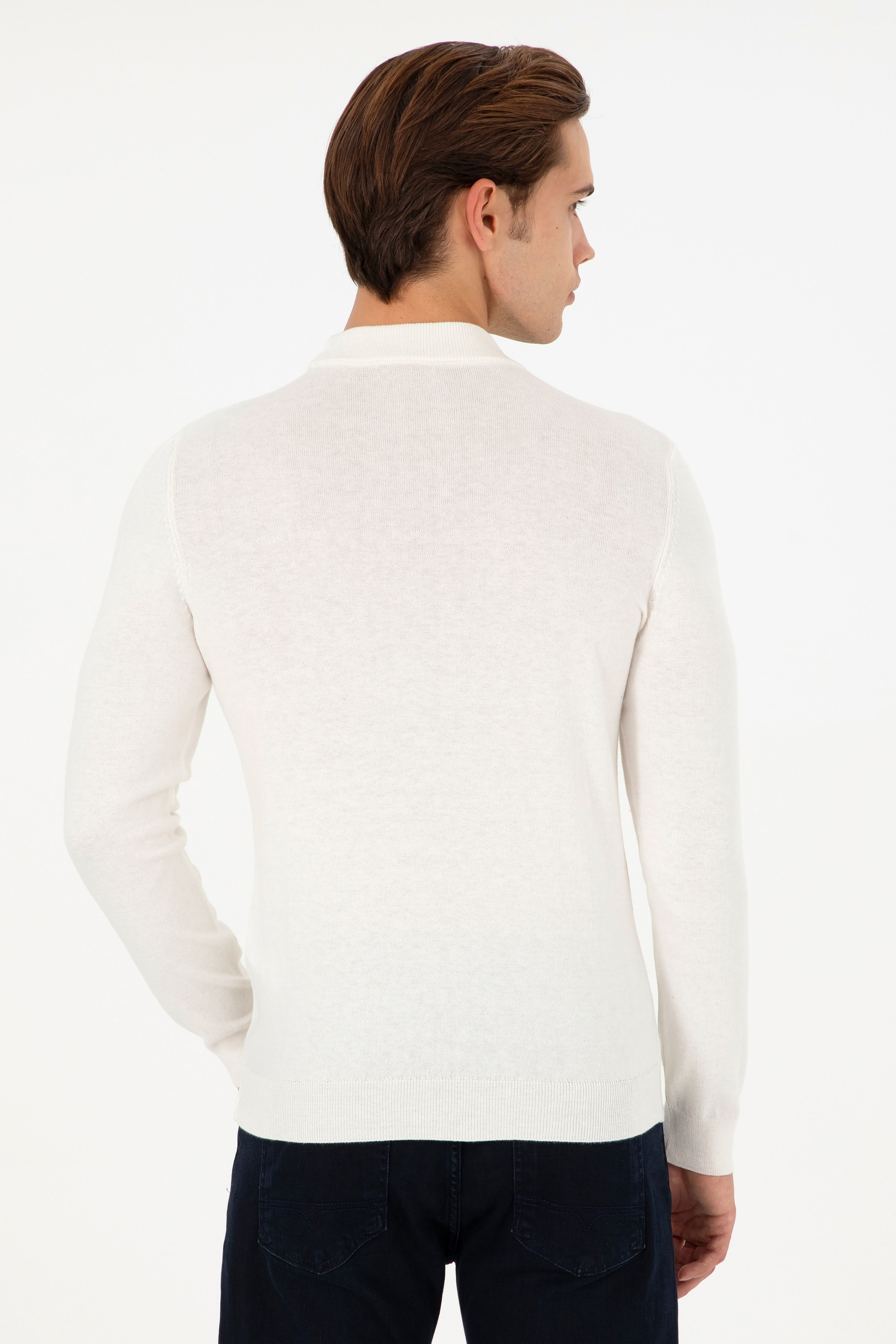 Erkek Slim Fit Çeyrek Balıkçı Yaka Beyaz Basic Triko Kazak - Image 5