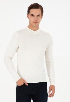 Erkek Slim Fit Çeyrek Balıkçı Yaka Beyaz Basic Triko Kazak - 50298201007