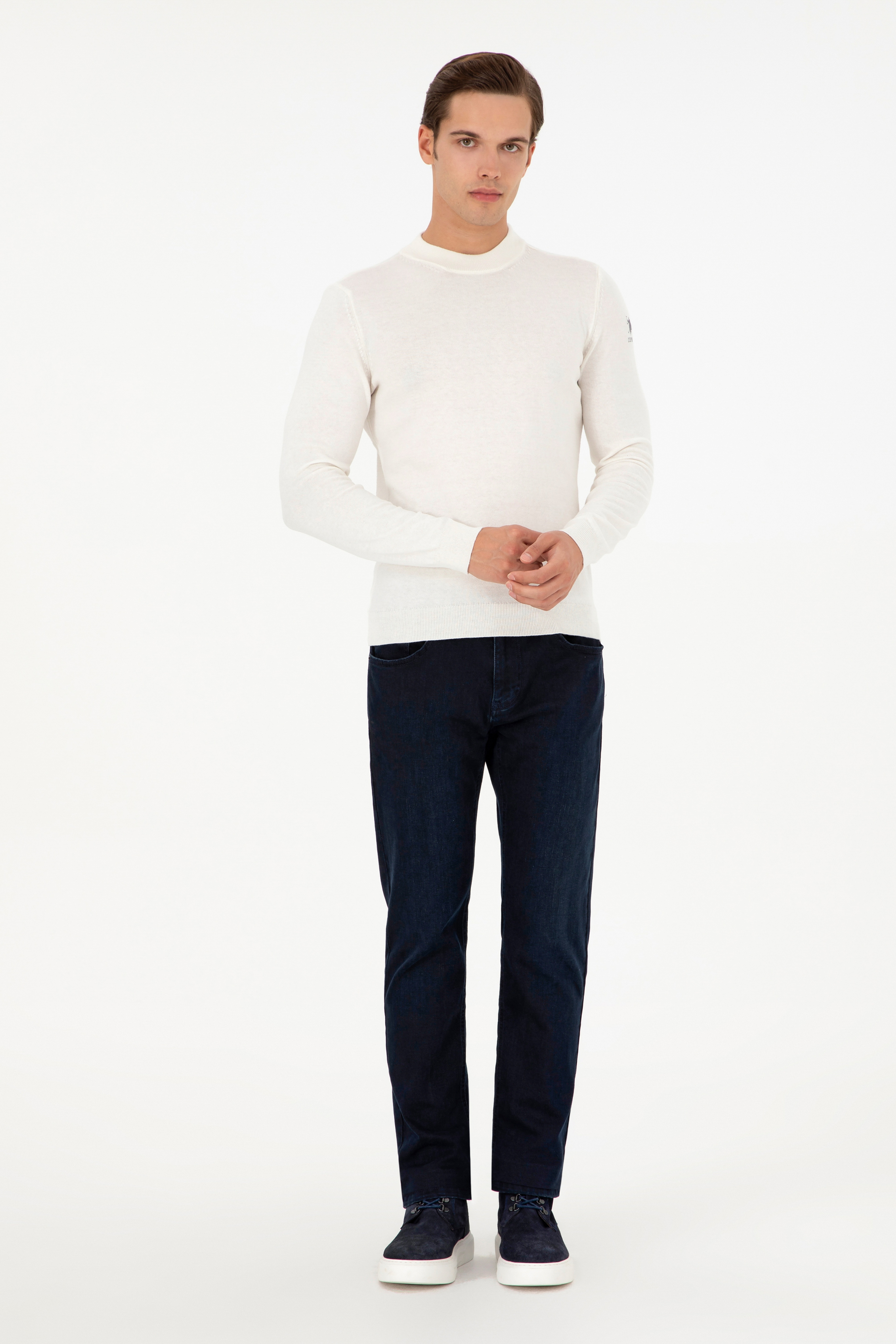 Erkek Slim Fit Çeyrek Balıkçı Yaka Beyaz Basic Triko Kazak - Image 4