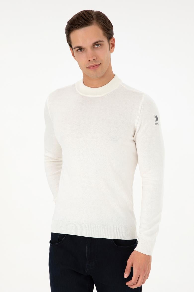 Erkek Slim Fit Çeyrek Balıkçı Yaka Beyaz Basic Triko Kazak - 50298201007