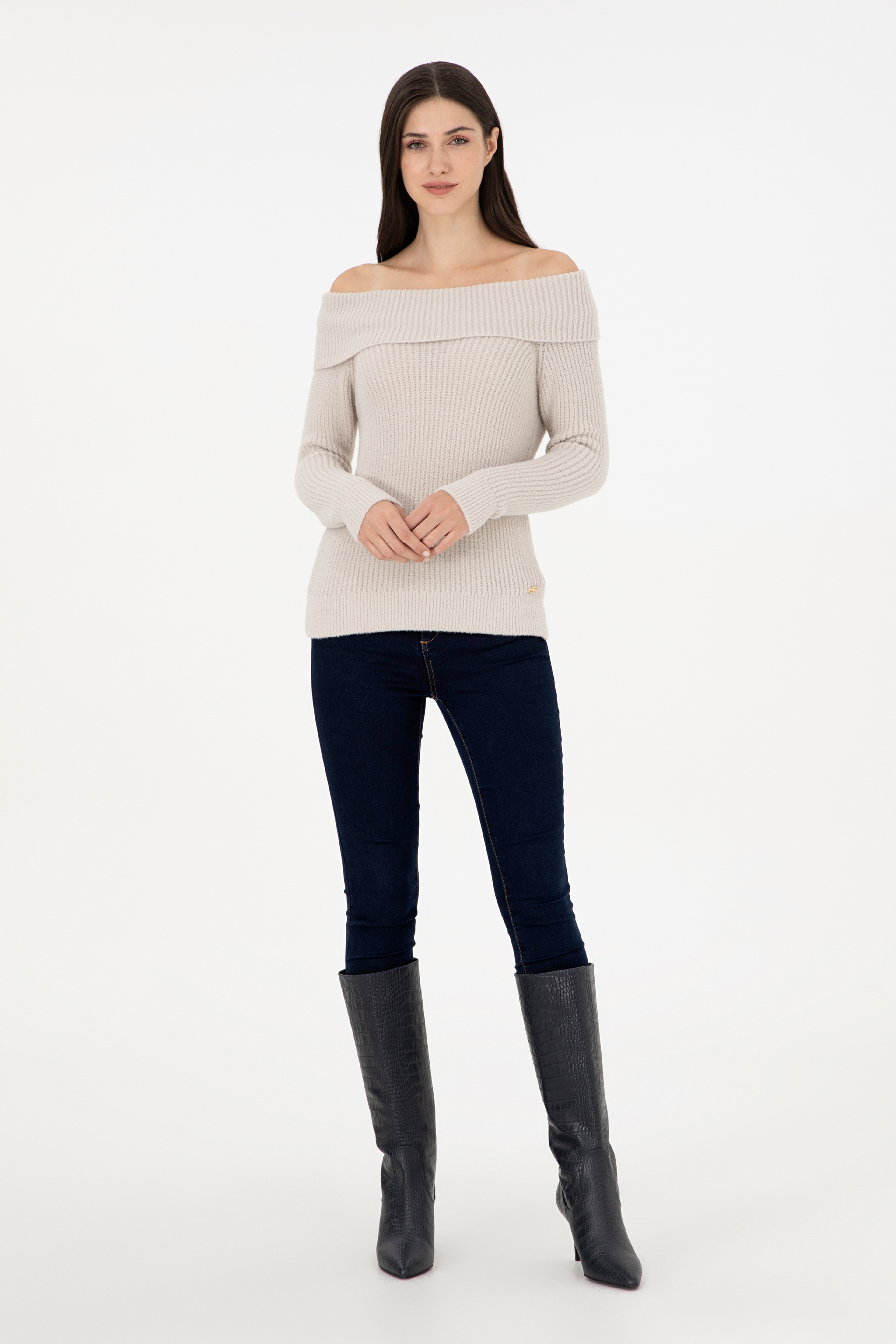Kadın Taş Kayık Yaka Kazak - Image 4