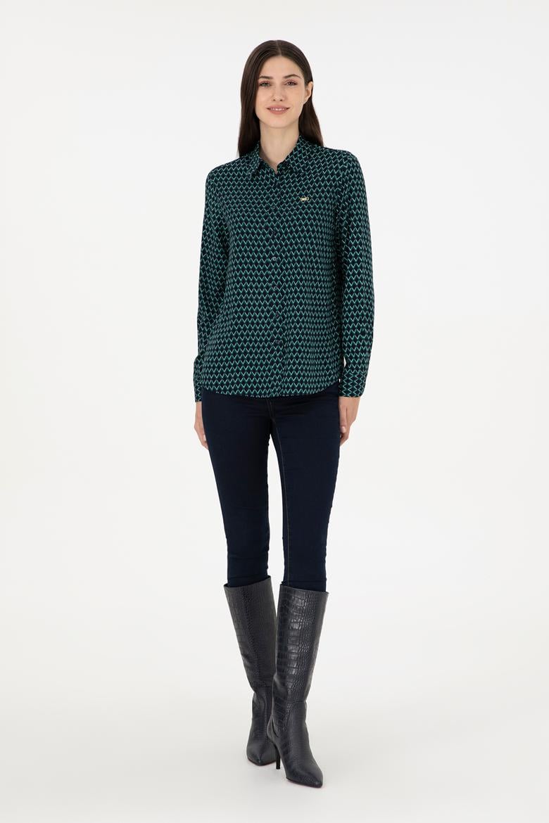 Kadın İndigo Uzun Kollu Gömlek - 50297114018