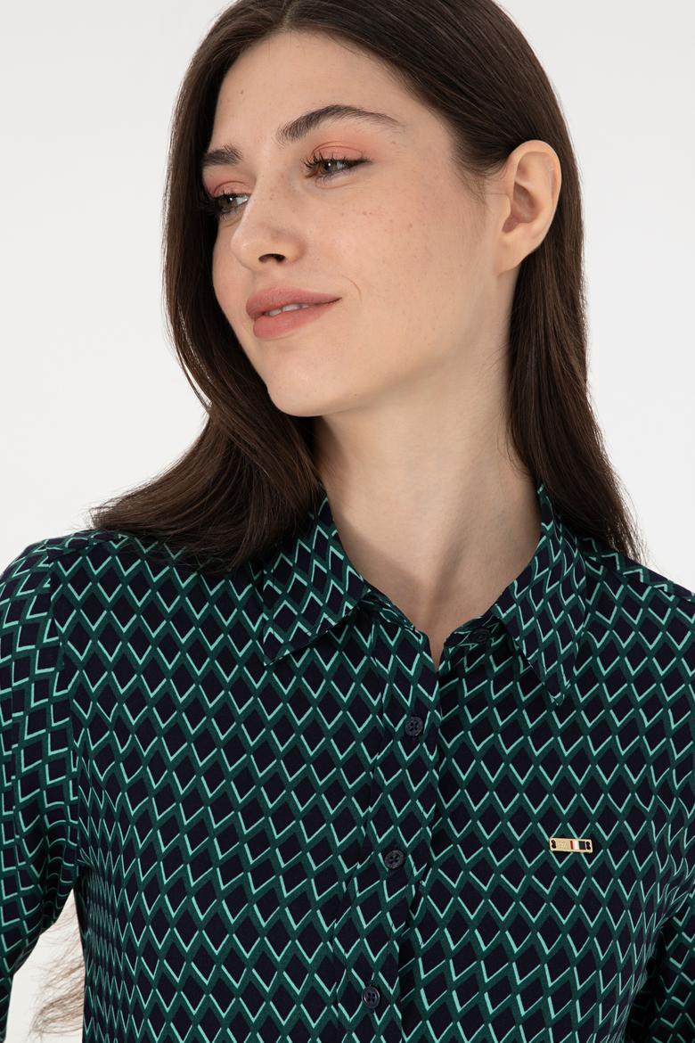 Kadın İndigo Uzun Kollu Gömlek - 50297114018