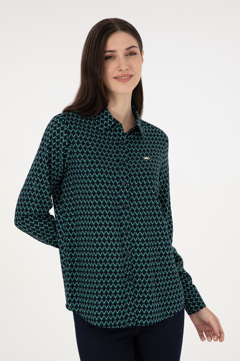 Kadın İndigo Uzun Kollu Gömlek - 50297114018