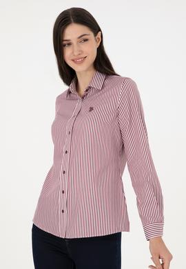 Kadın Bordo Uzun Kollu Çizgili Gömlek - 50297171003