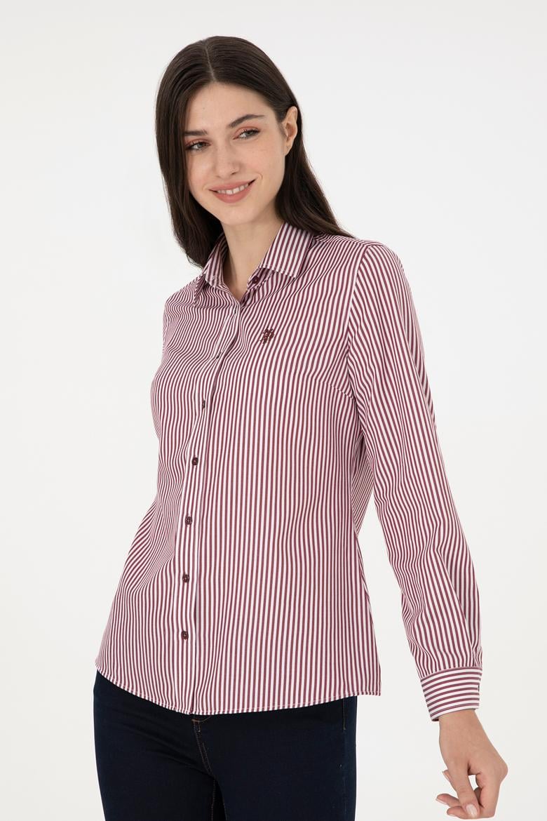Kadın Bordo Uzun Kollu Çizgili Gömlek - 50297171003
