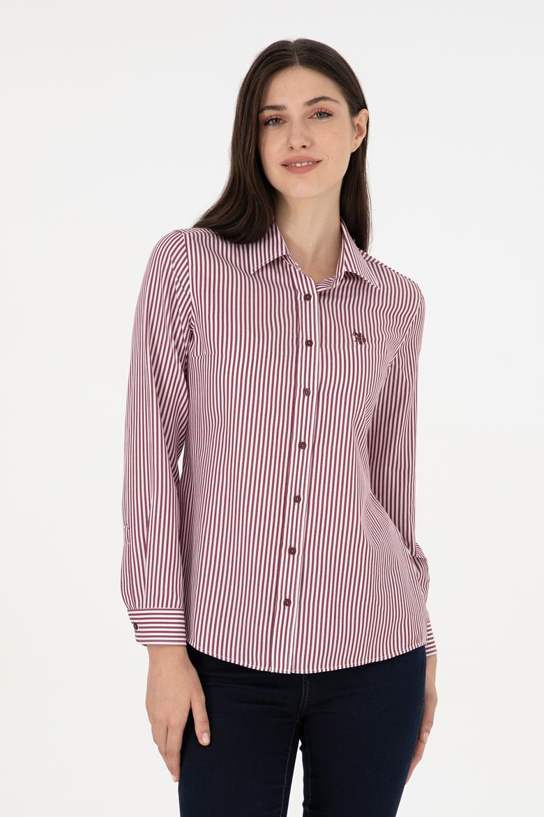 Kadın Bordo Uzun Kollu Çizgili Gömlek