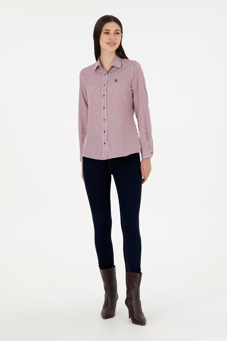 Kadın Bordo Uzun Kollu Çizgili Gömlek - 50297171003
