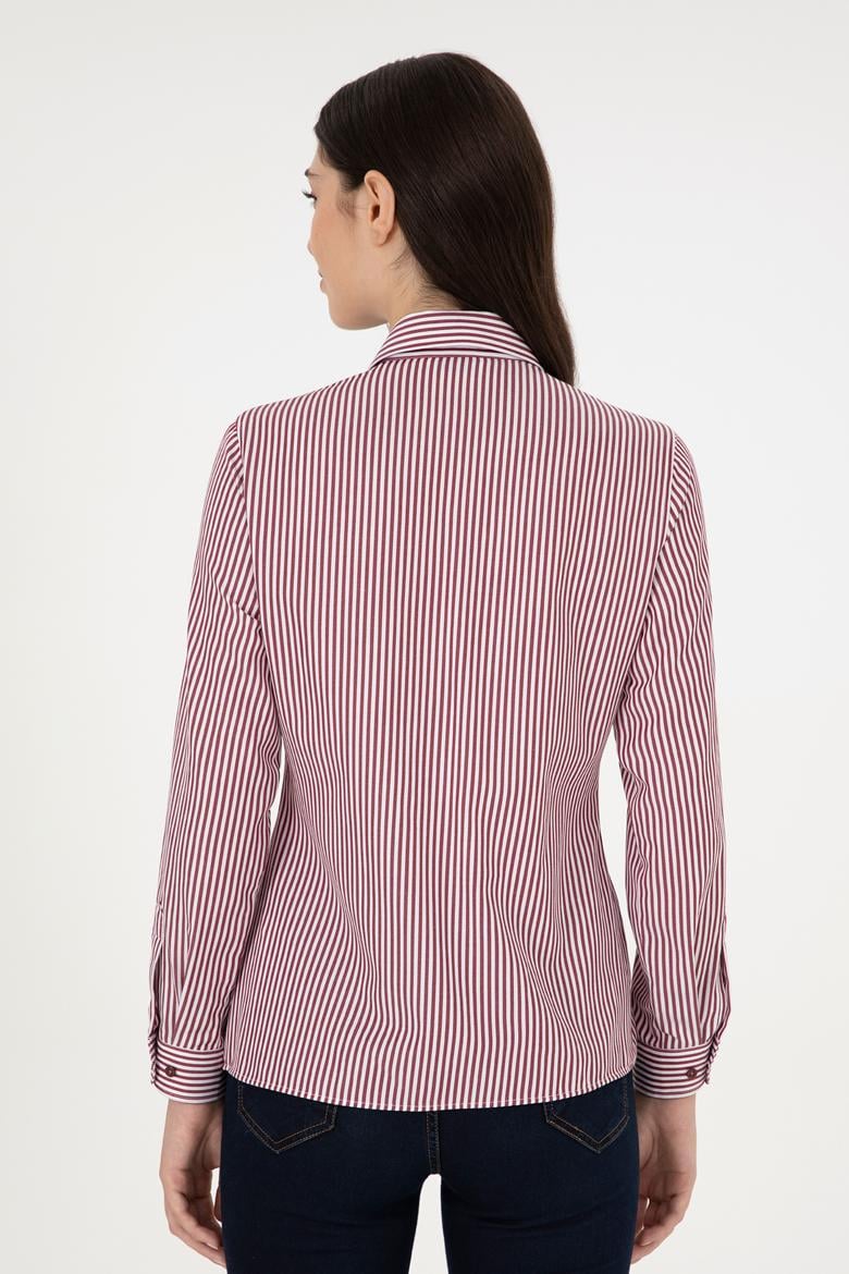 Kadın Bordo Uzun Kollu Çizgili Gömlek - 50297171003