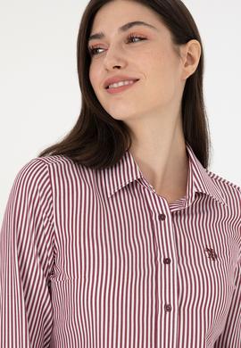 Kadın Bordo Uzun Kollu Çizgili Gömlek - 50297171003