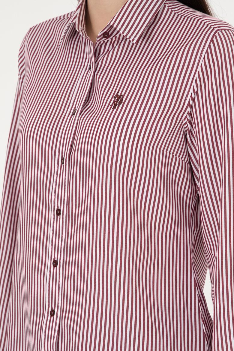 Kadın Bordo Uzun Kollu Çizgili Gömlek - 50297171003