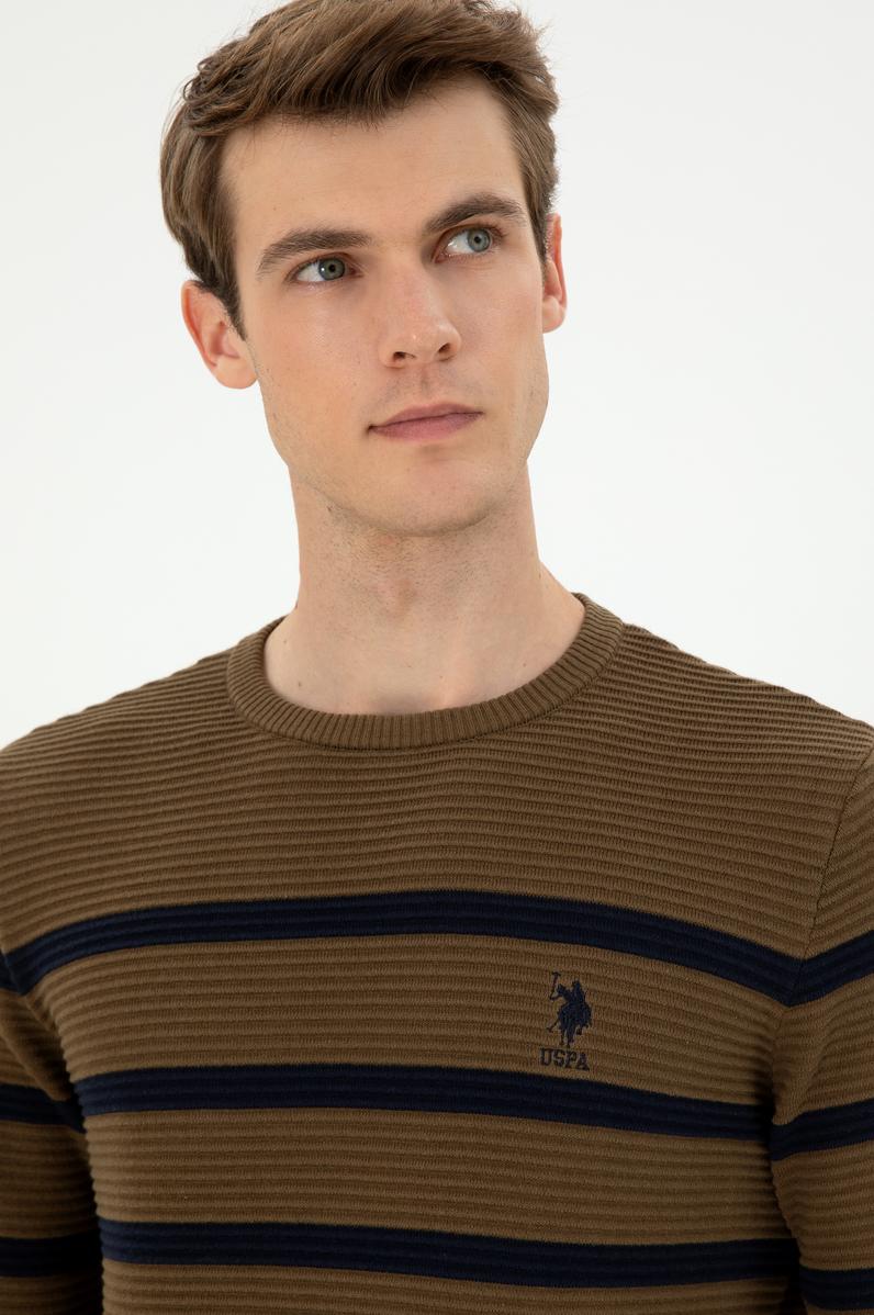 Erkek Slim Fit Bisiklet Yaka Haki Kazak