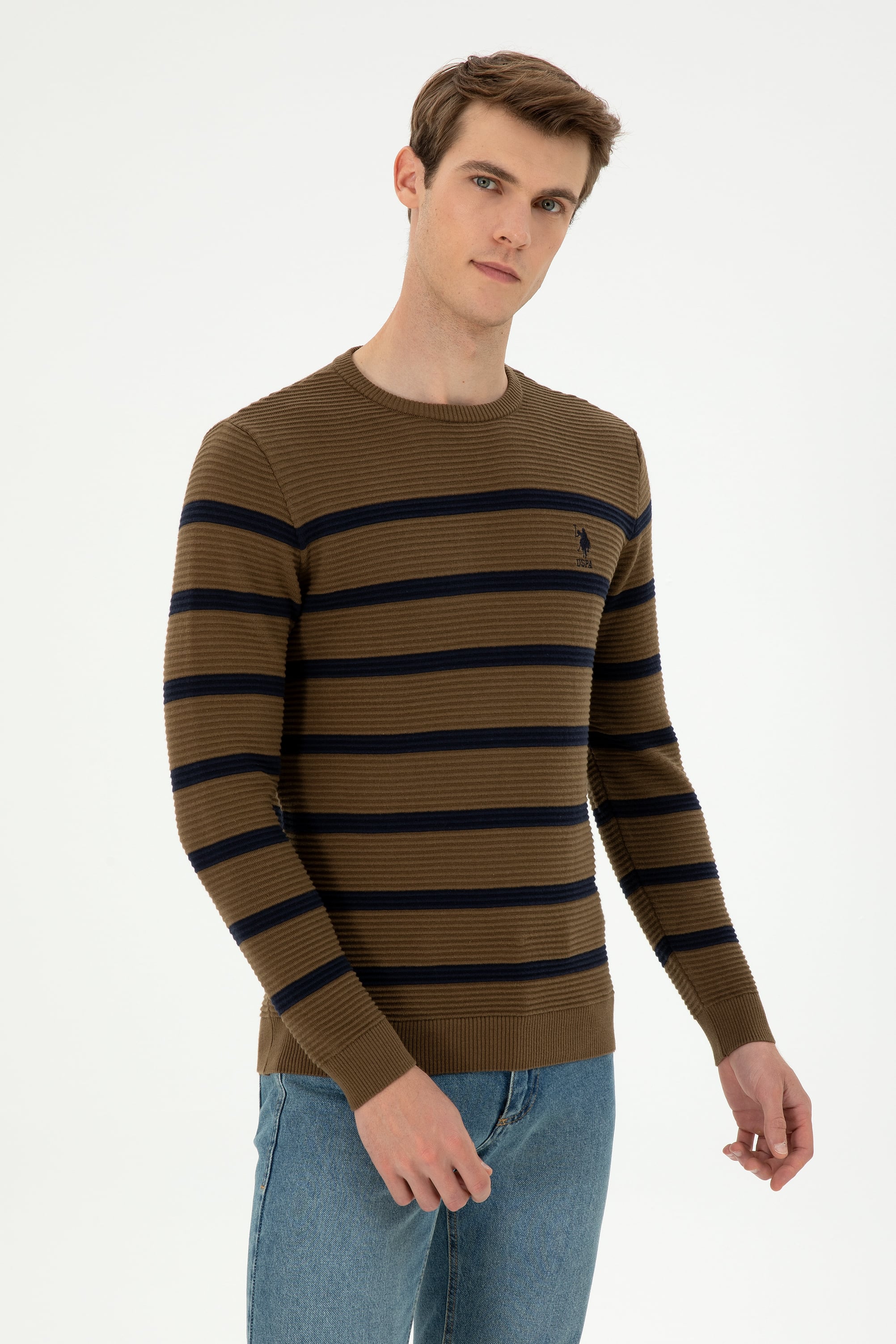 Erkek Slim Fit Bisiklet Yaka Haki Kazak - Image 1