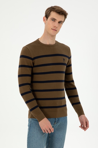 Erkek Slim Fit Bisiklet Yaka Haki Kazak