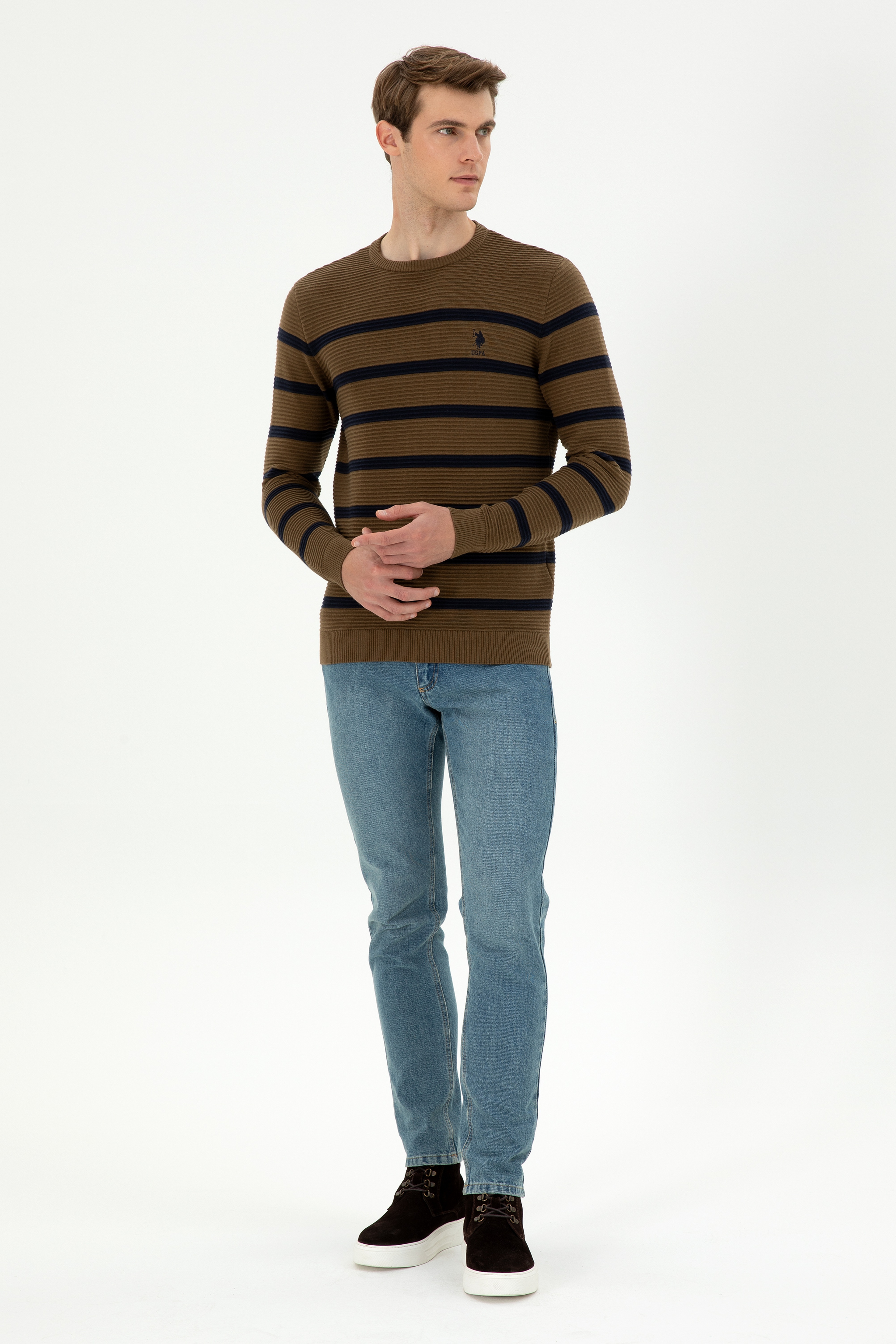 Erkek Slim Fit Bisiklet Yaka Haki Kazak - Image 4