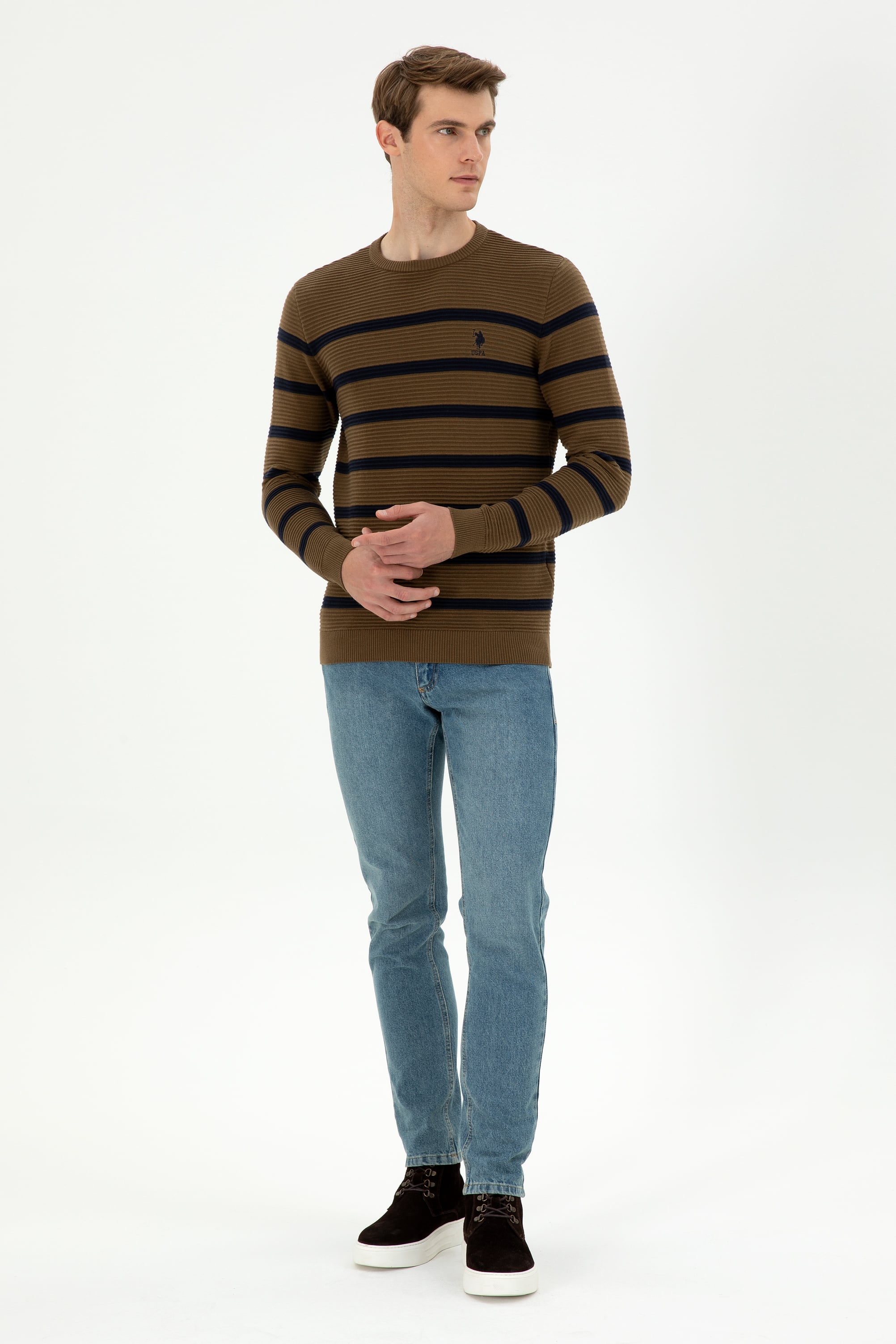 Erkek Slim Fit Bisiklet Yaka Haki Kazak