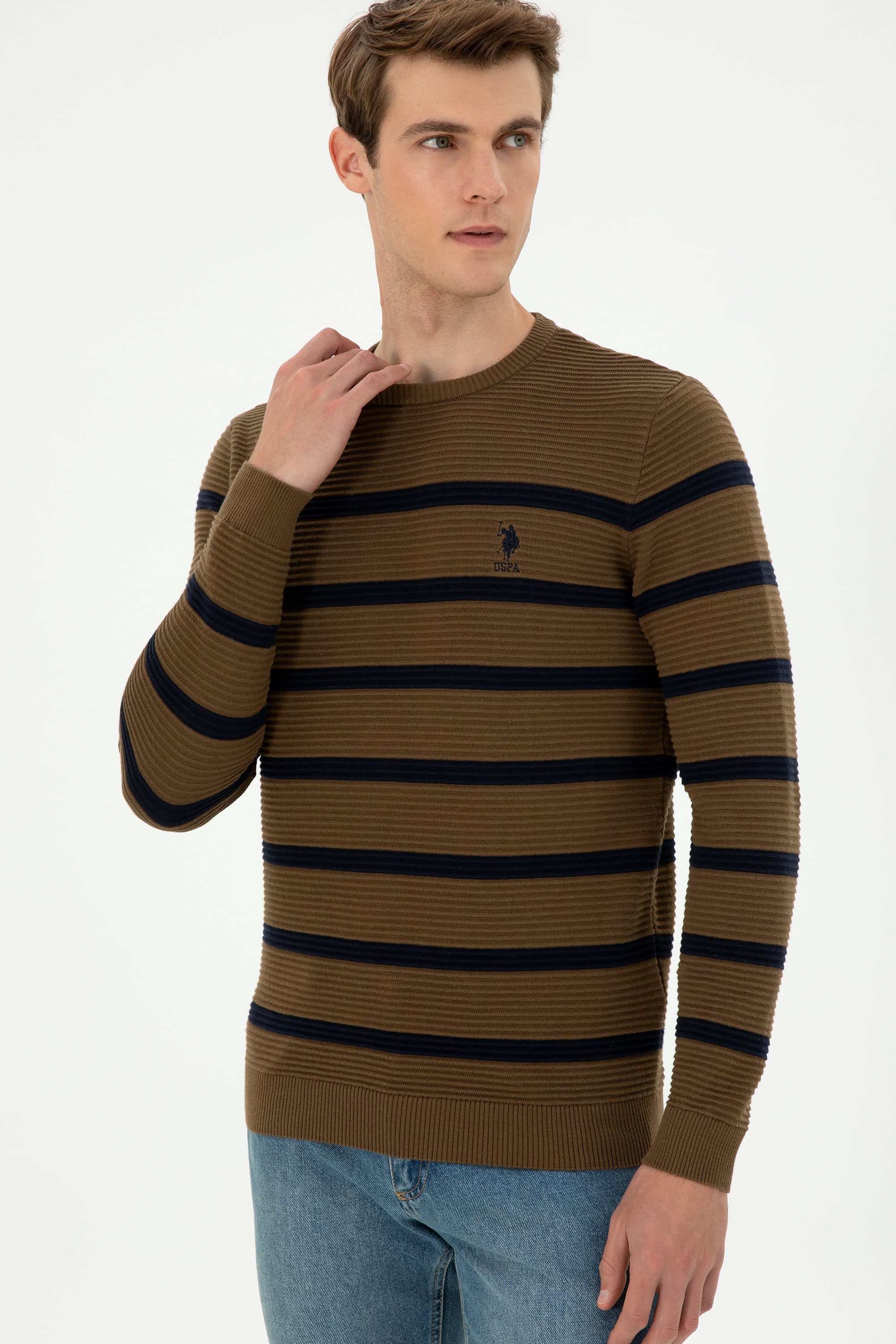 Erkek Slim Fit Bisiklet Yaka Haki Kazak
