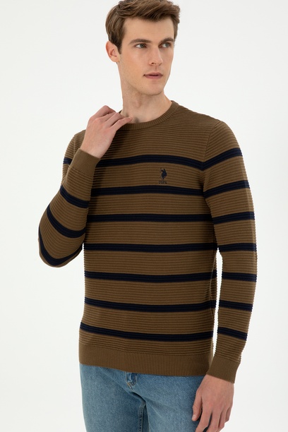 Erkek Slim Fit Bisiklet Yaka Haki Kazak