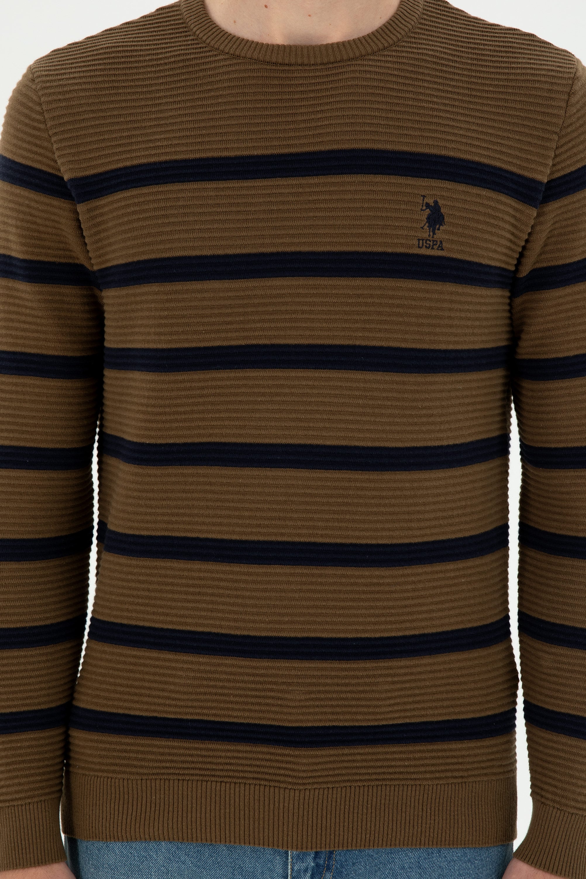 Erkek Slim Fit Bisiklet Yaka Haki Kazak