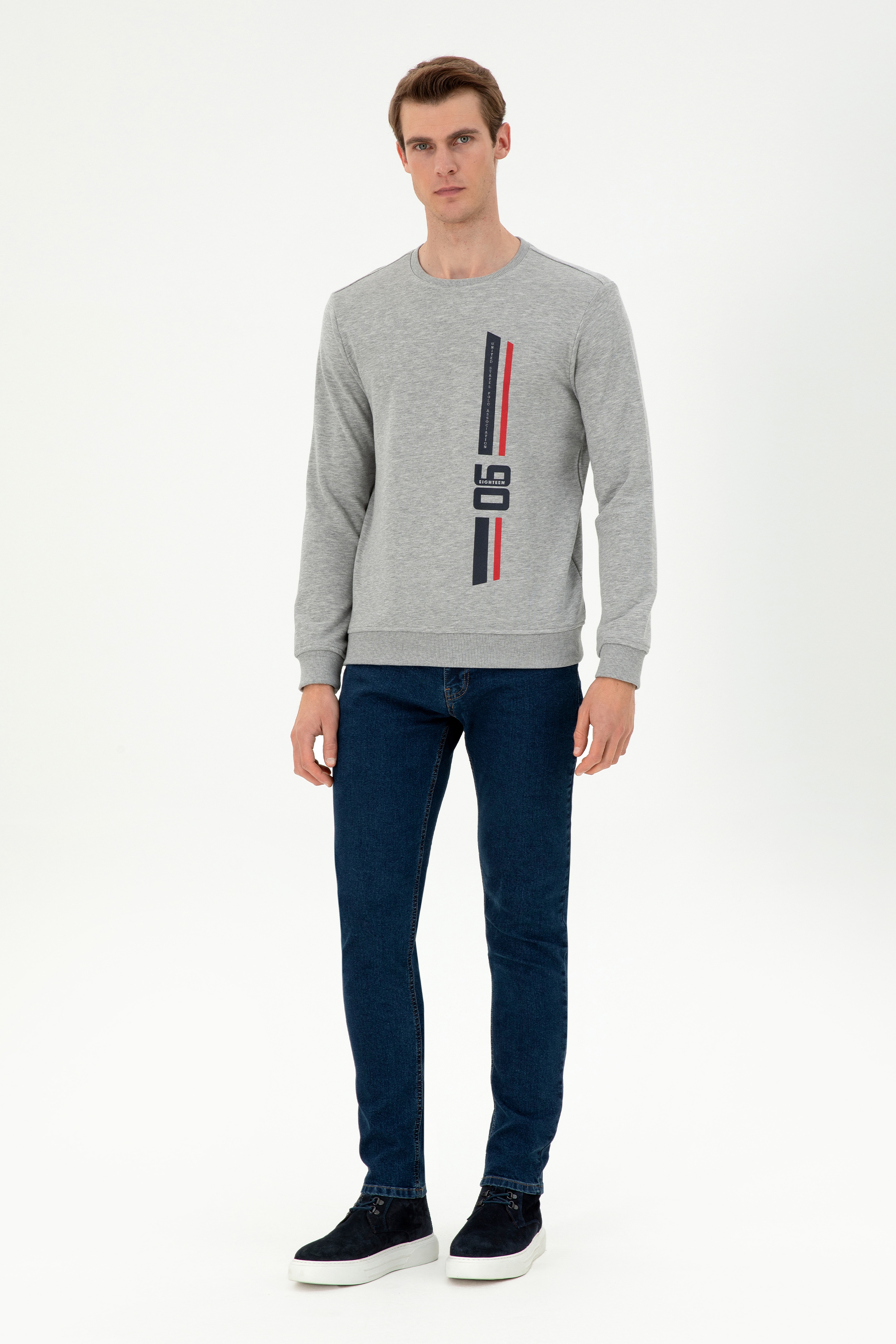 Erkek Regular Fit Bisiklet Yaka Gri Melanj Sweatshirt