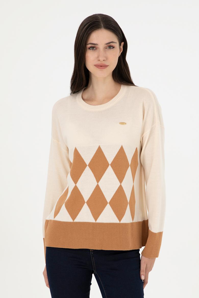 Kadın Krem Bisiklet Yaka Kazak