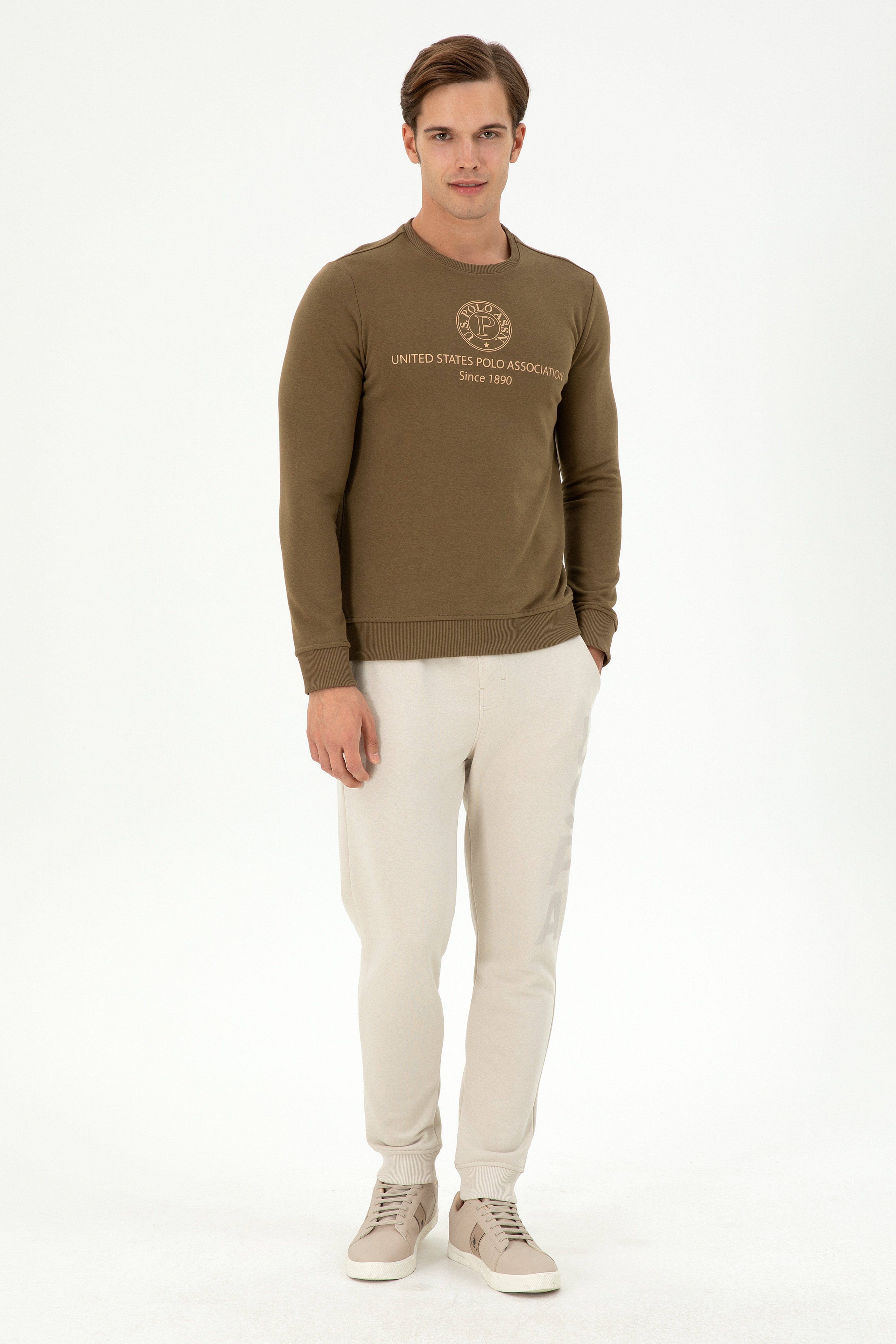 Erkek Regular Fit Bisiklet Yaka Haki Sweatshirt - Image 4