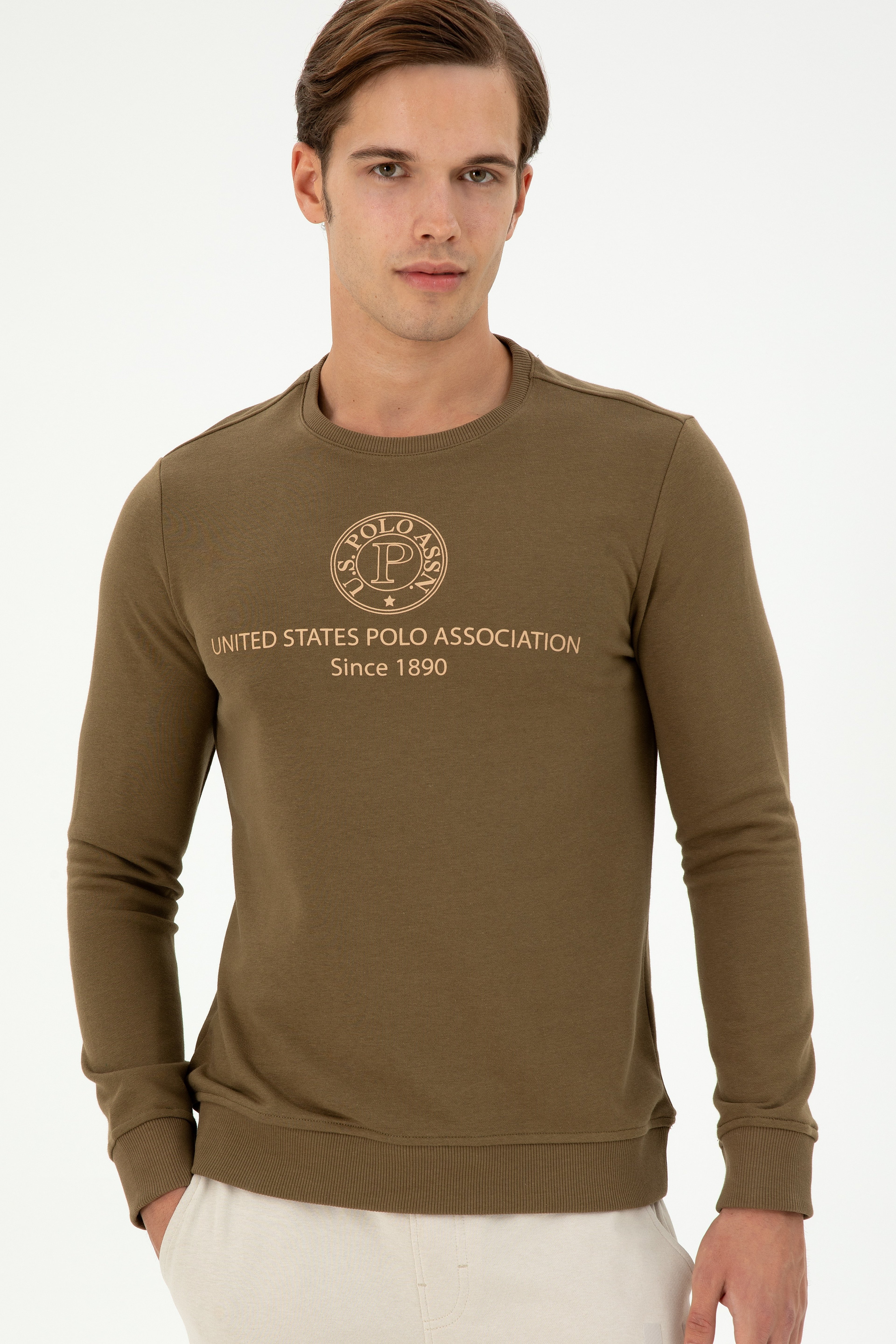 Erkek Regular Fit Bisiklet Yaka Haki Sweatshirt - Image 3